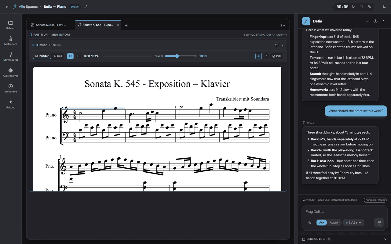 Soundara’s score editor: the drum part engraved as two systems on the page, transcribed from the drum stem, with the track’s other stems listed underneath and the assistant’s chat column alongside.