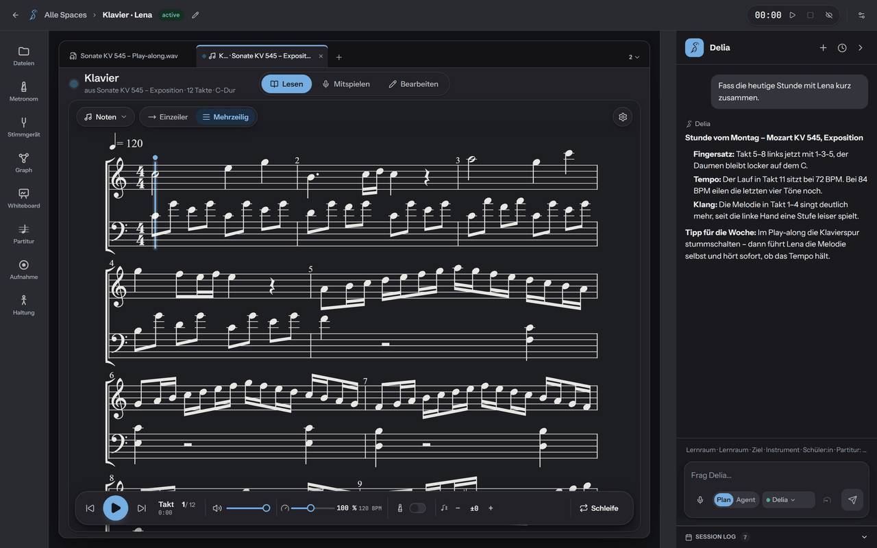 Soundara’s score view: the piano part of Mozart’s Sonata K. 545 engraved on two staves over several systems, with read, play-along and edit modes and a transport bar at the bottom. Delia’s chat is docked on the right.