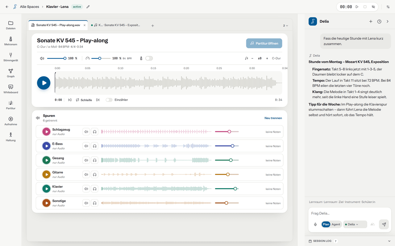Soundara’s player: a Mozart play-along with volume, tempo, count-in and transpose controls above its waveform, and under it the six separated tracks (drums, bass, vocals, guitar, piano, other), each with play, mute, solo, waveform and volume. Delia’s lesson summary is docked on the right.