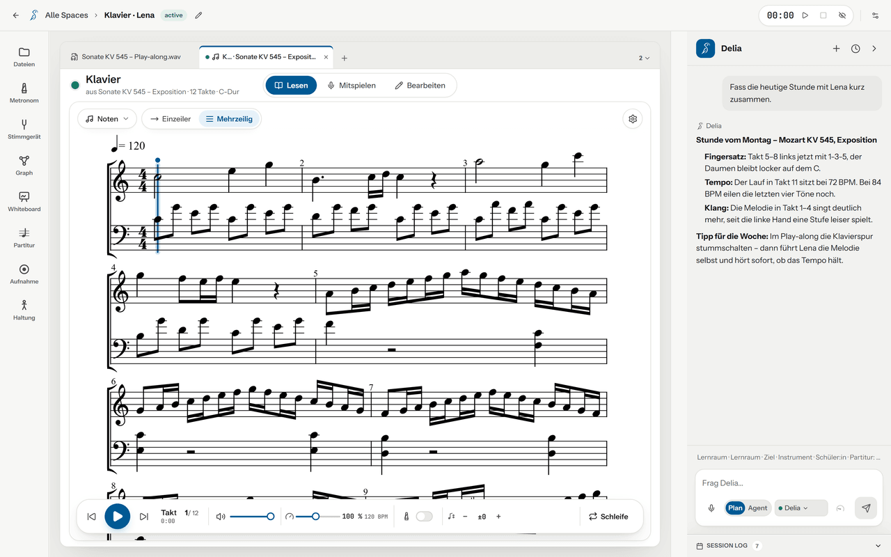 Soundara’s score view: the piano part of Mozart’s Sonata K. 545 engraved on two staves over several systems, with read, play-along and edit modes and a transport bar at the bottom. Delia’s chat is docked on the right.